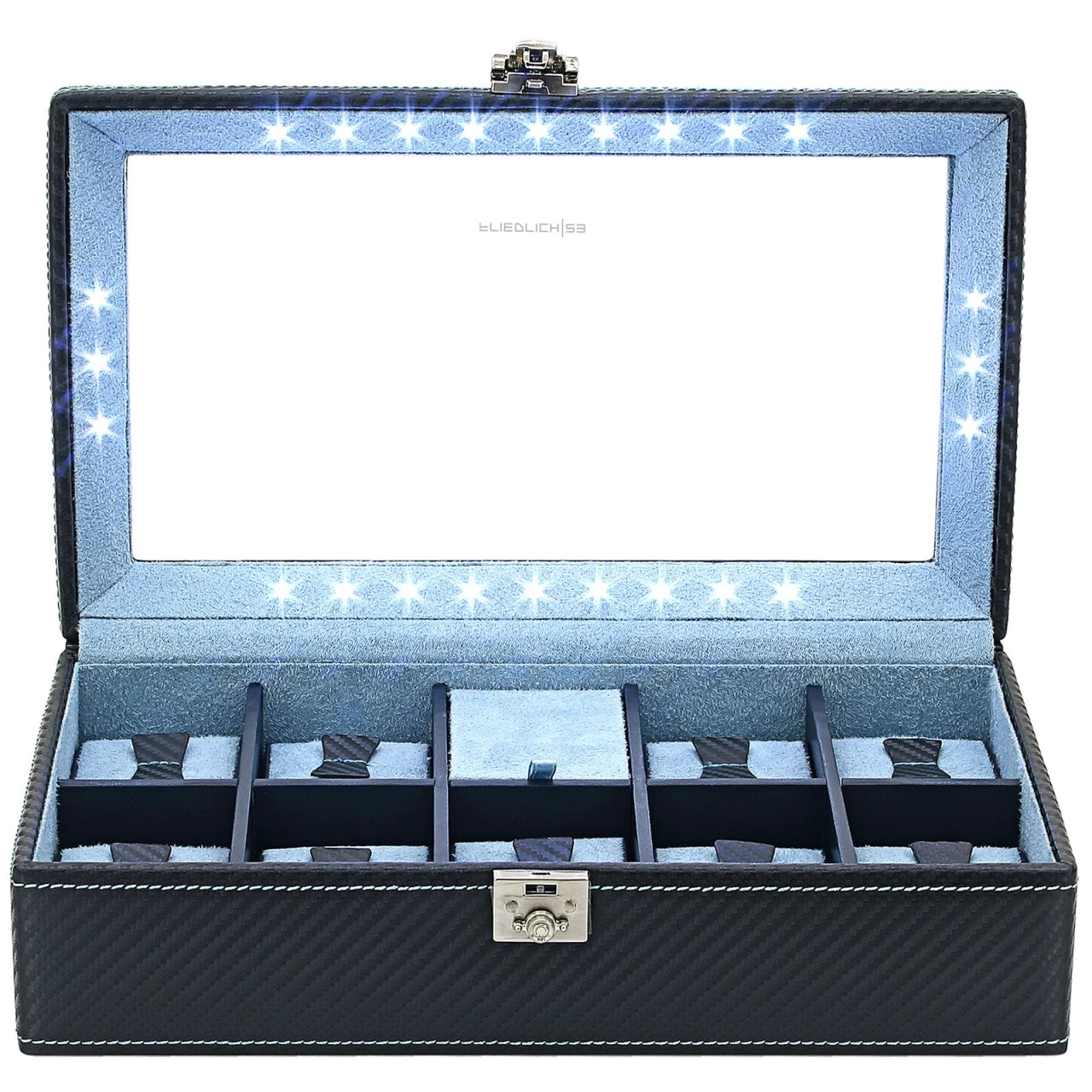 Friedrich|23 Carbon Uhrenkoffer Aus Feinsynthetik Für 9 Uhren Mit LED Blau 3 Friedrich|23 Carbon Uhrenkoffer Aus Feinsynthetik Für 9 Uhren Mit LED Blau – Bild 3